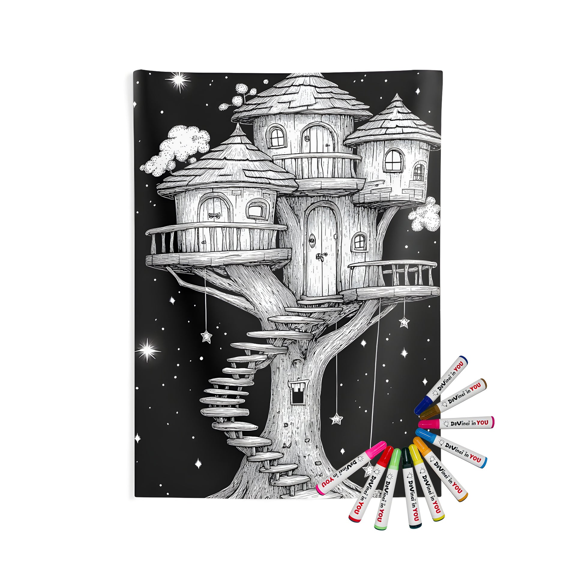 Indoor wall tapestries featuring whimsical tree house designs set in starry nights with intricate fantasy elements and coloring pages