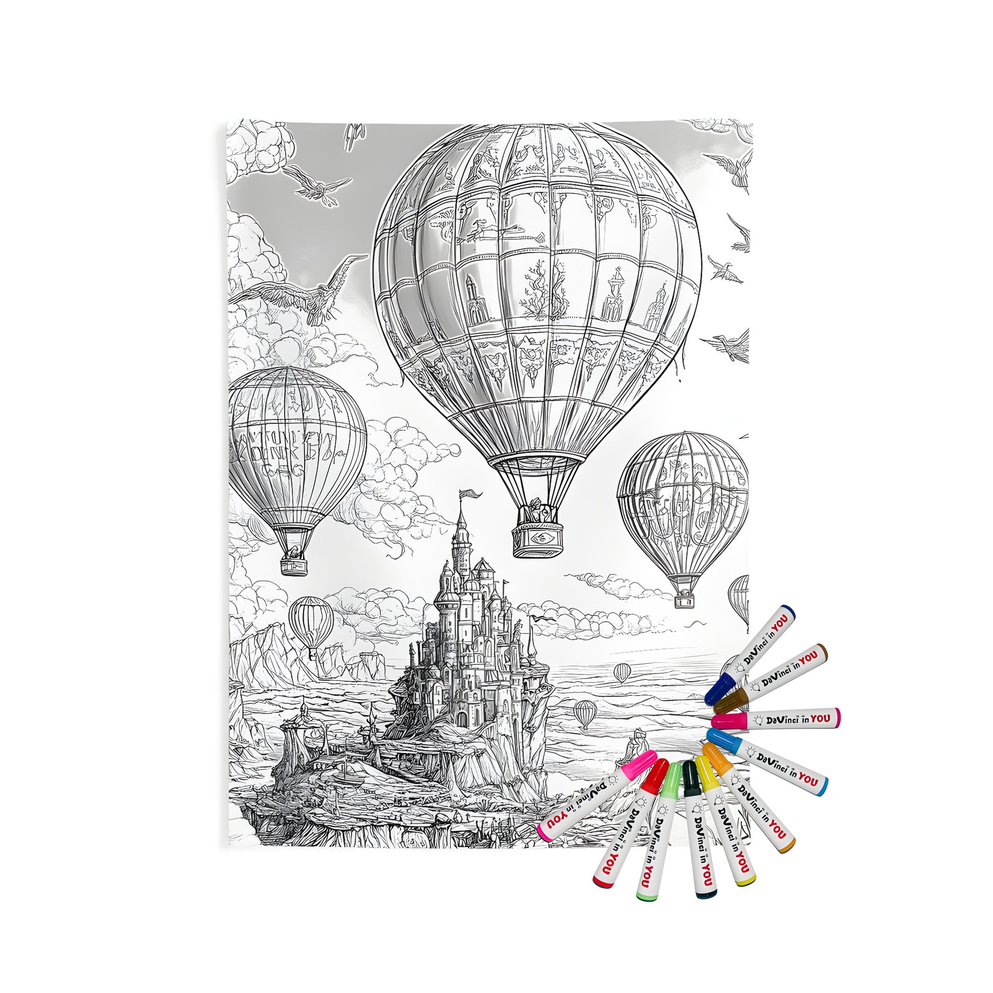 Coloring page of hot air balloons near a castle on a cliff