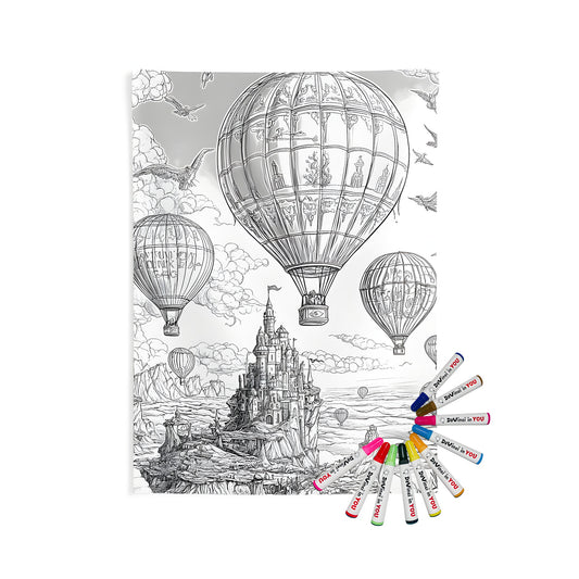 Coloring page of hot air balloons near a castle on a cliff