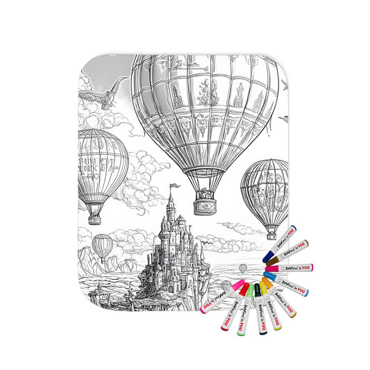 Hot air balloon adventure blanket, fantasy scene of hot air balloons near castle, colorful