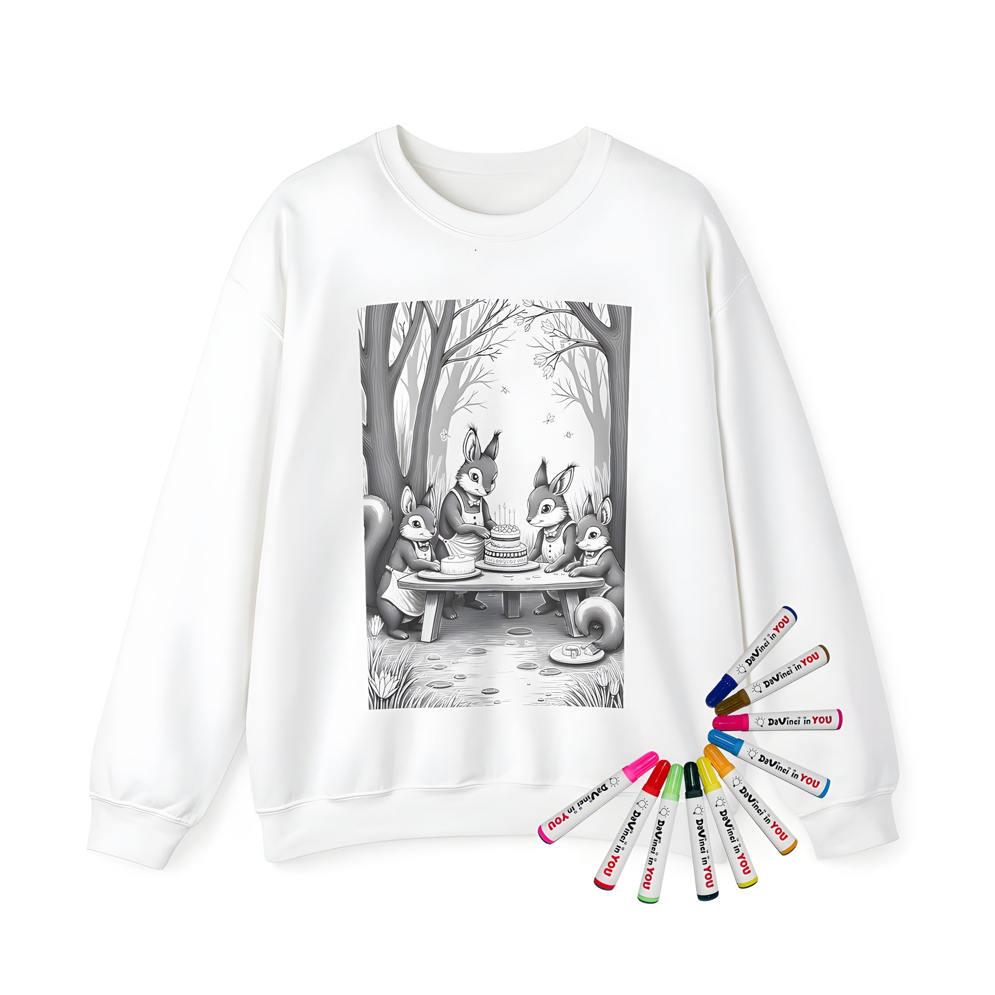 Adult coloring kit sweatshirt with squirrel friends celebrating aprons cakes forest setting