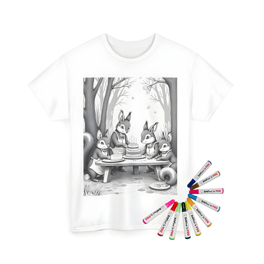 Squirrels gathering around a table, surrounded by forest elements and colorful designs, printed on a unisex t-shirt