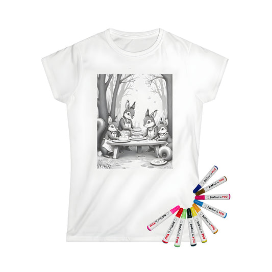 Women's T-shirt with forest creature apron designs and cakes in a whimsical celebration scene