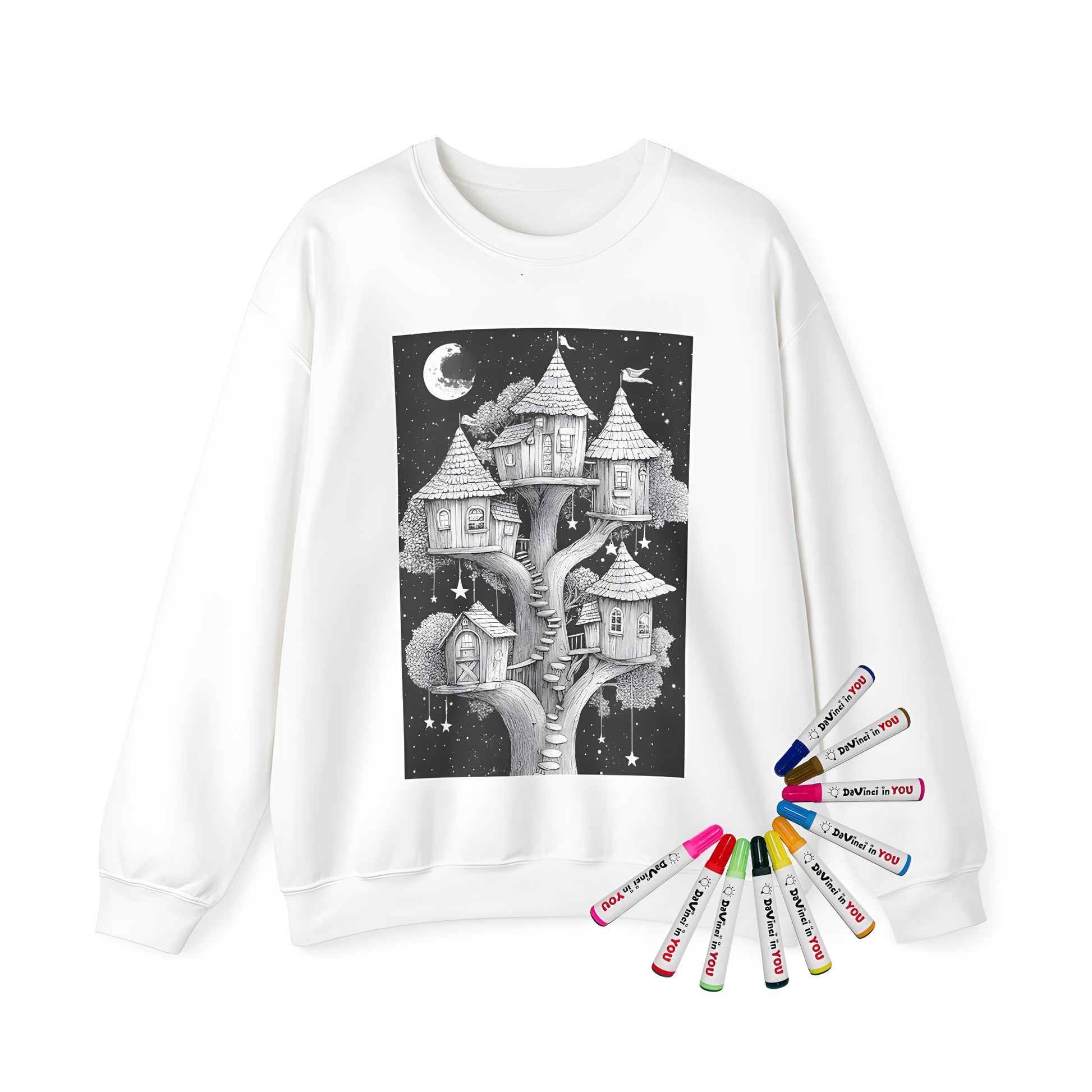 Adult sweatshirt featuring whimsical treehouse designs with intricate black and white illustrations