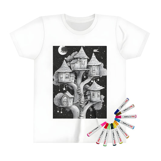 Kid's Treehouse-themed t-shirt with treehouses illustration and stars, perfect for kids who love adventure