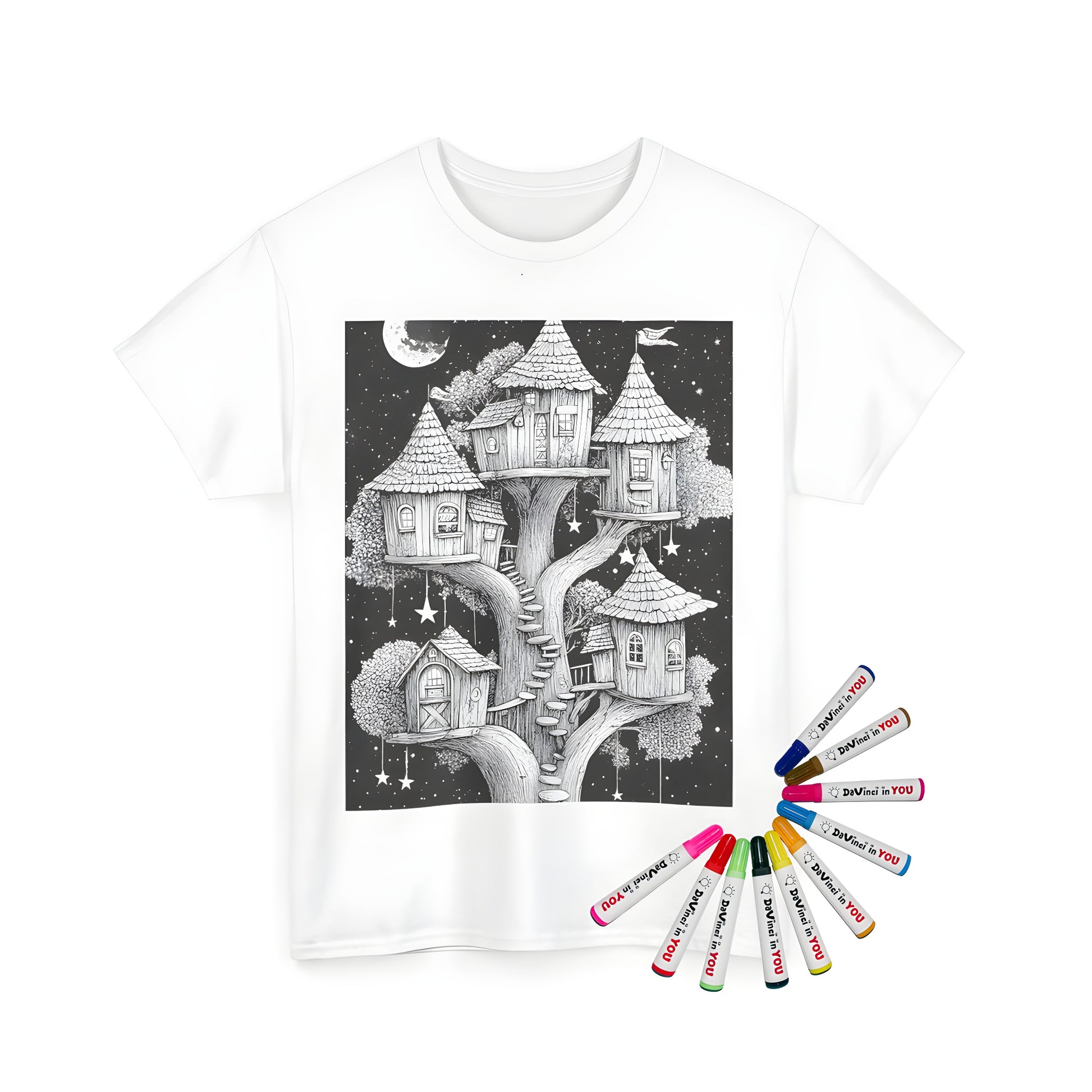 Unisex t-shirt with intricate treehouse, village, and forest designs