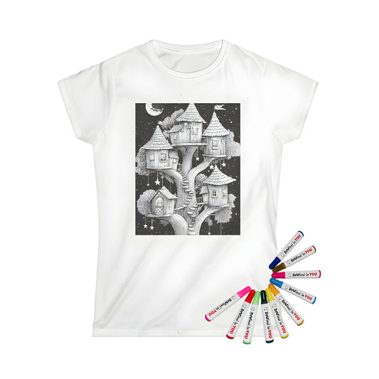 Women's t-shirt featuring a whimsical tree house design with stairs and stars, set against a night sky background. Intricate black and white illustration. Perfect for fans of whimsy and fantasy.