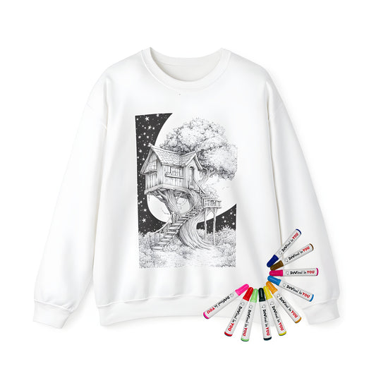 Adult sweatshirt featuring a whimsical treehouse design under a starry sky with detailed stairs and natural surroundings