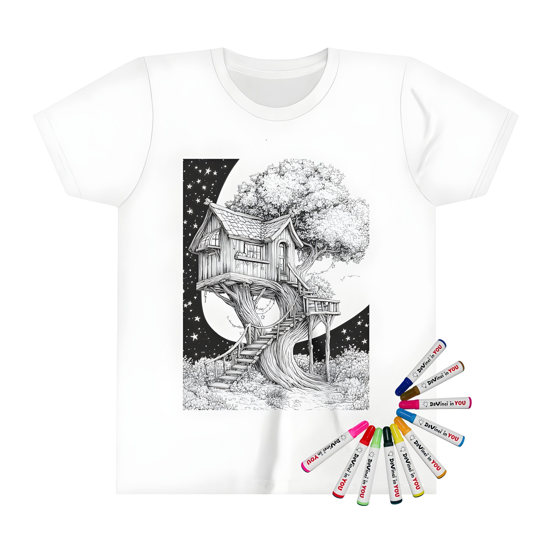 Whimsical treehouse-themed kid's t-shirt for boys and girls, featuring a detailed black and white illustration of a magical treehouse under the stars