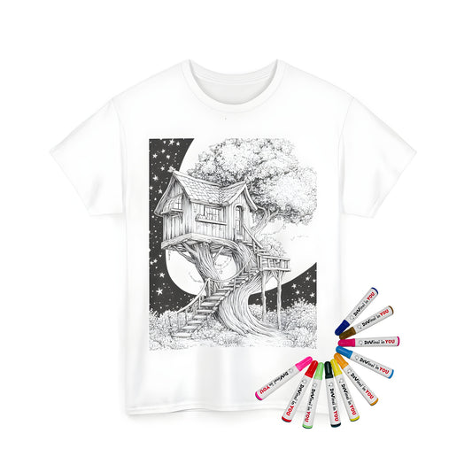 Coloring kit for unisex t-shirts featuring whimsical treehouse designs, stairs, and starry sky