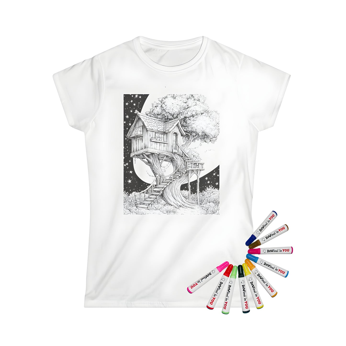 Whimsical woodland treehouse scene on a women's t-shirt coloring kit with vibrant fabric markers