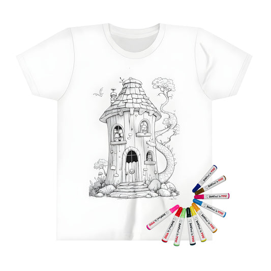 Whimsical fantasy house coloring page on kid's t-shirt, featuring a dragon's tail and magical forest