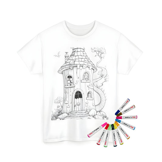 Whimsical fantasy house t-shirt, children peeking out, dragon's tail curling around, set in a magical forest