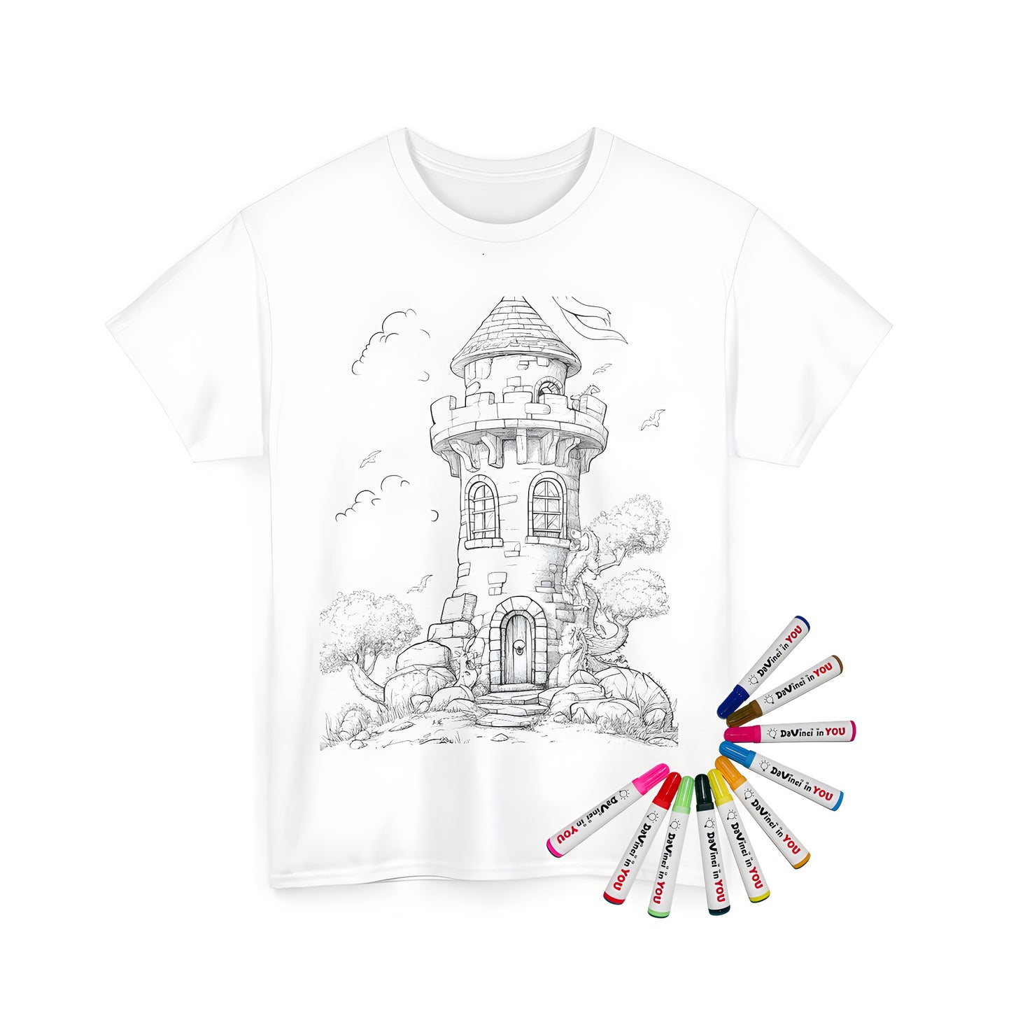 Unisex t-shirt featuring an intricate black and white drawing of a medieval fantasy castle surrounded by nature