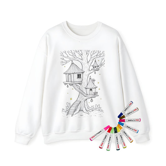 Adult sweatshirt featuring an enchanting treehouse scene with intricate details and whimsical touches