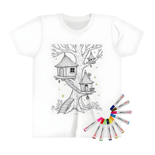 Coloring kit for kids' t-shirts featuring a whimsical treehouse design, complete with a fantasy treehouse, magical treehouses, enchanted forest dwellings, and fantastical tree houses