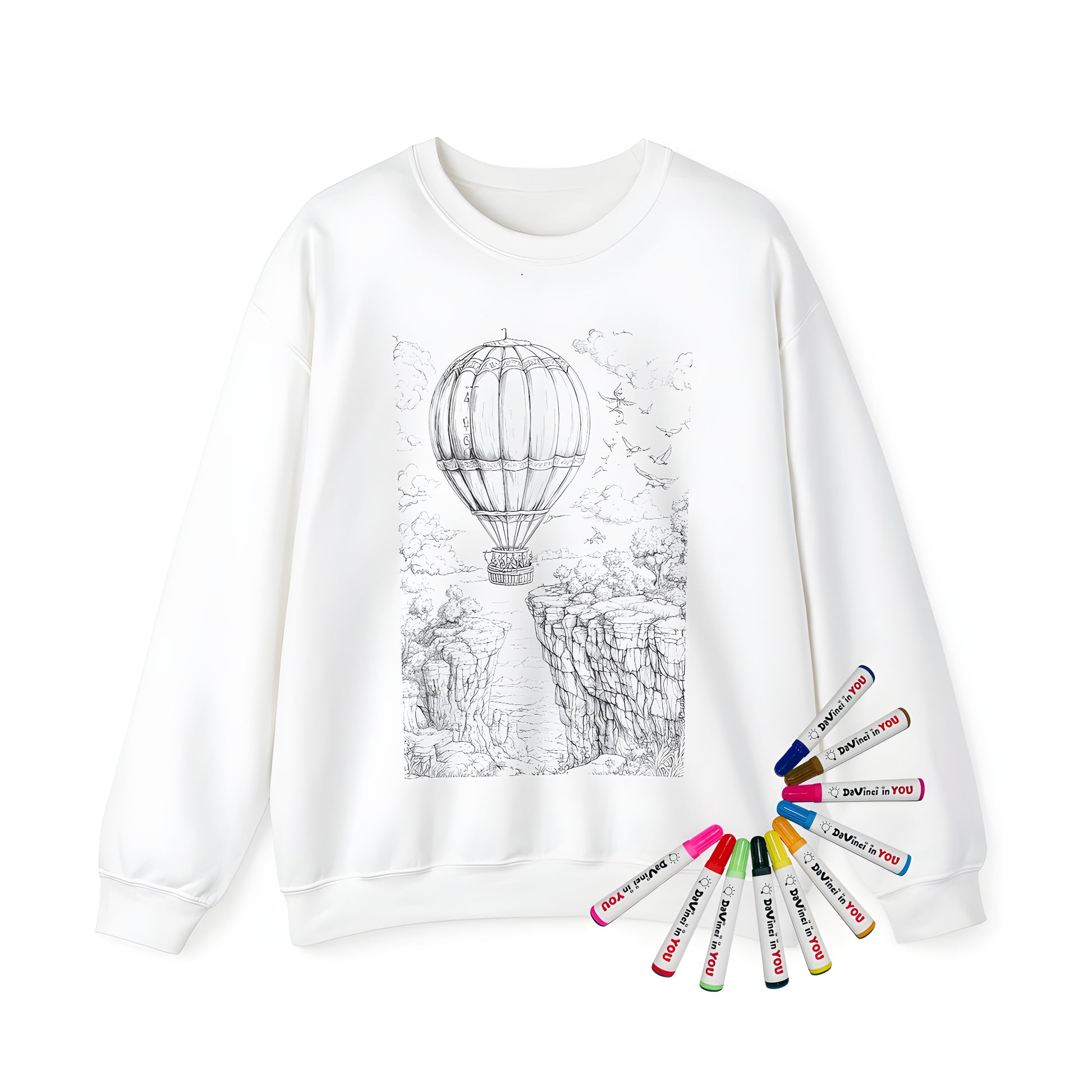 Adult sweatshirt featuring a vibrant hot air balloon design soaring over a colorful canyon landscape with trees and birds