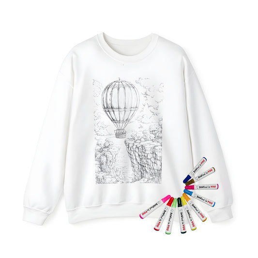 Adult sweatshirt featuring a vibrant hot air balloon design soaring over a colorful canyon landscape with trees and birds