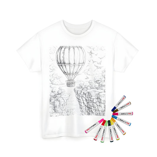 A vibrant Unisex T-shirt featuring an enchanting hot air balloon soaring above a scenic canyon landscape