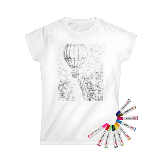 Women's t-shirt with hot air balloon design, canyon landscape, trees, and birds printed on it