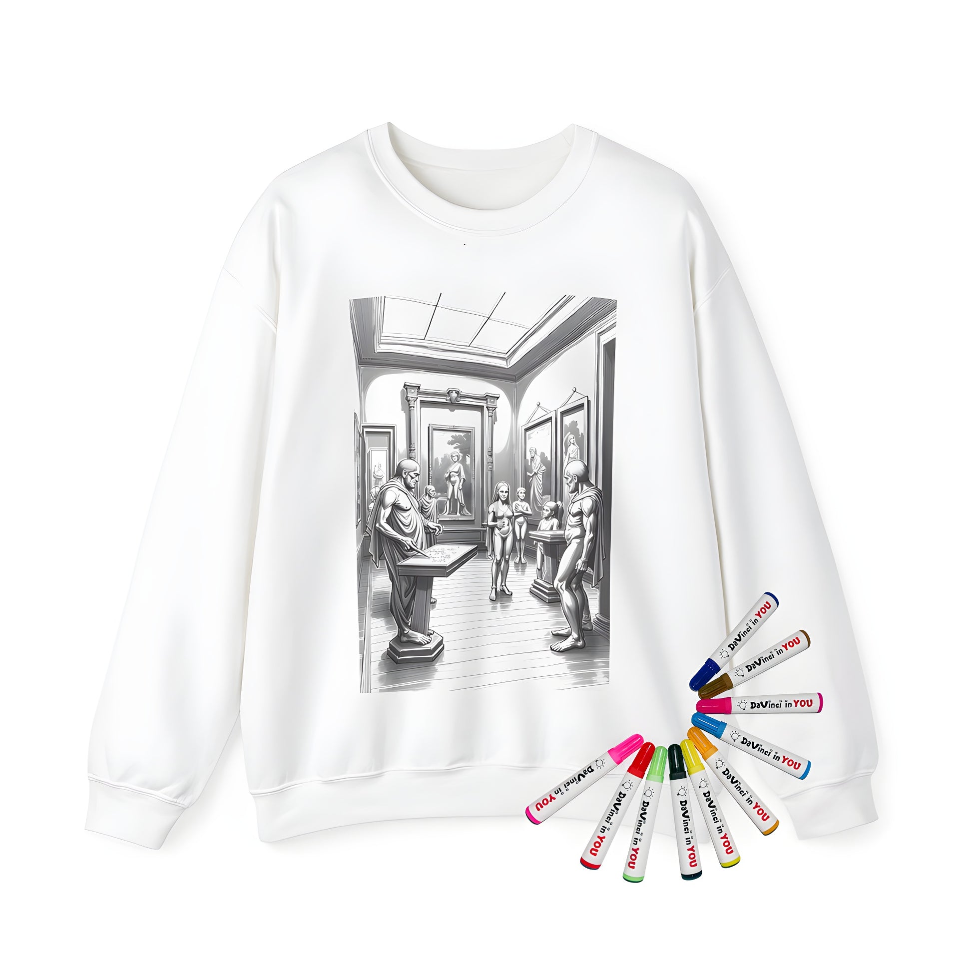 Adult coloring sweatshirt with sculpture gallery art and statues design, featuring fabric markers for a fun adulting activity