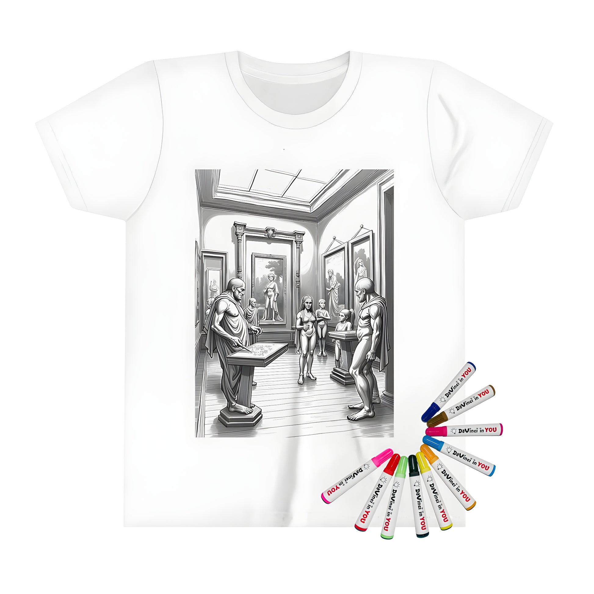 Kid's t-shirt featuring a fun and colorful sculpture gallery art design, perfect for kids who love art and history