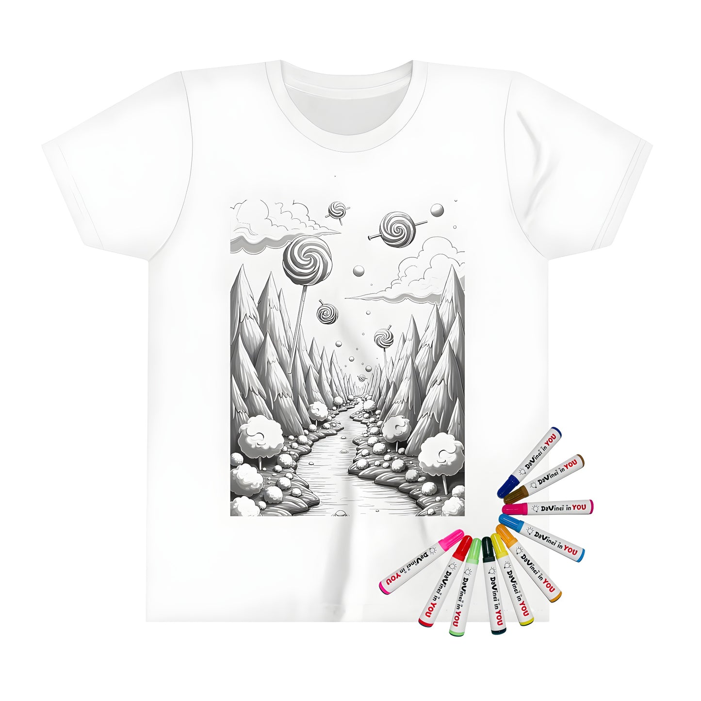 Whimsical forest t-shirt design, colorful lollipop trees and winding river on a kid's graphic tee