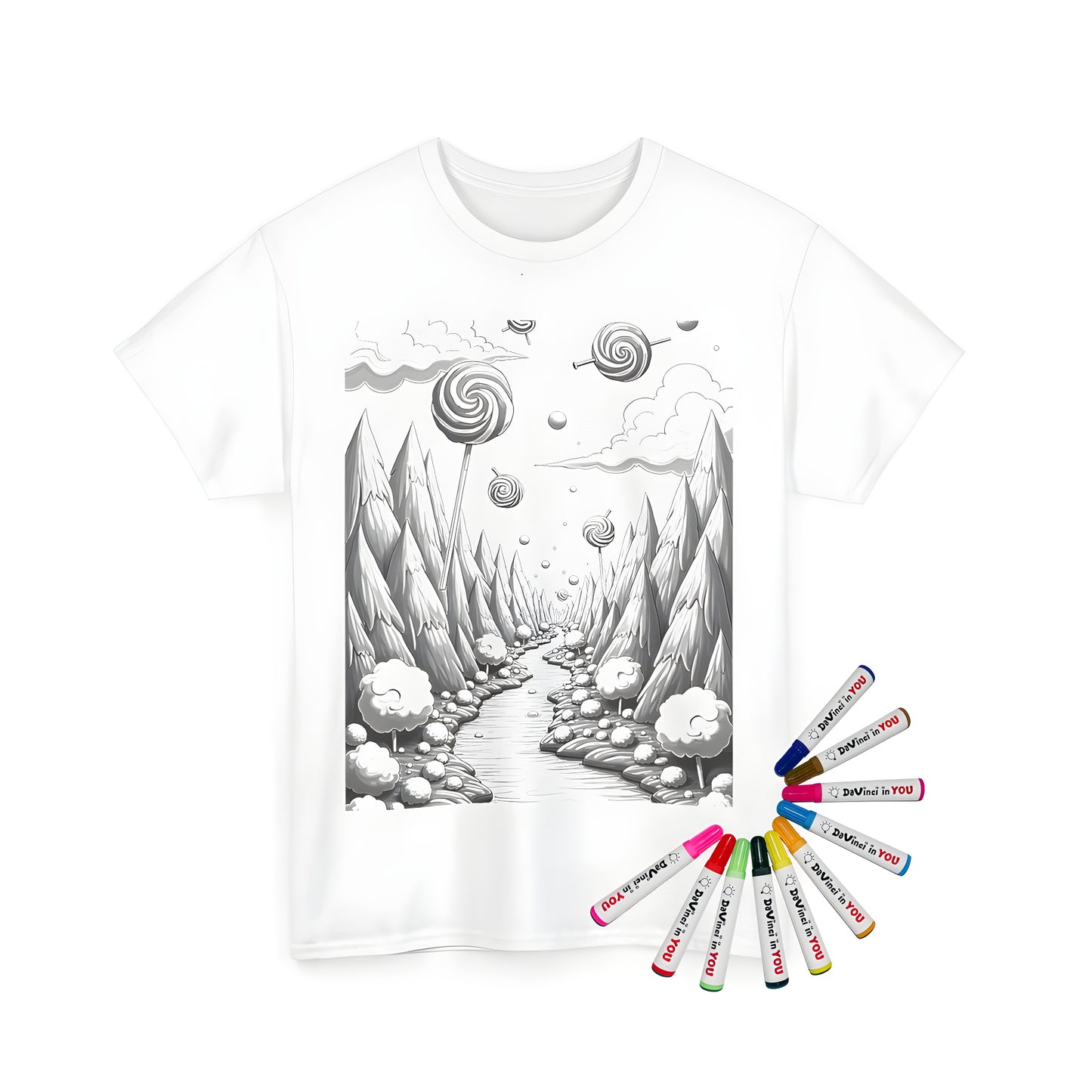 Unisex T-shirt featuring a whimsical Candy Land-inspired design with lollipop trees and a winding river