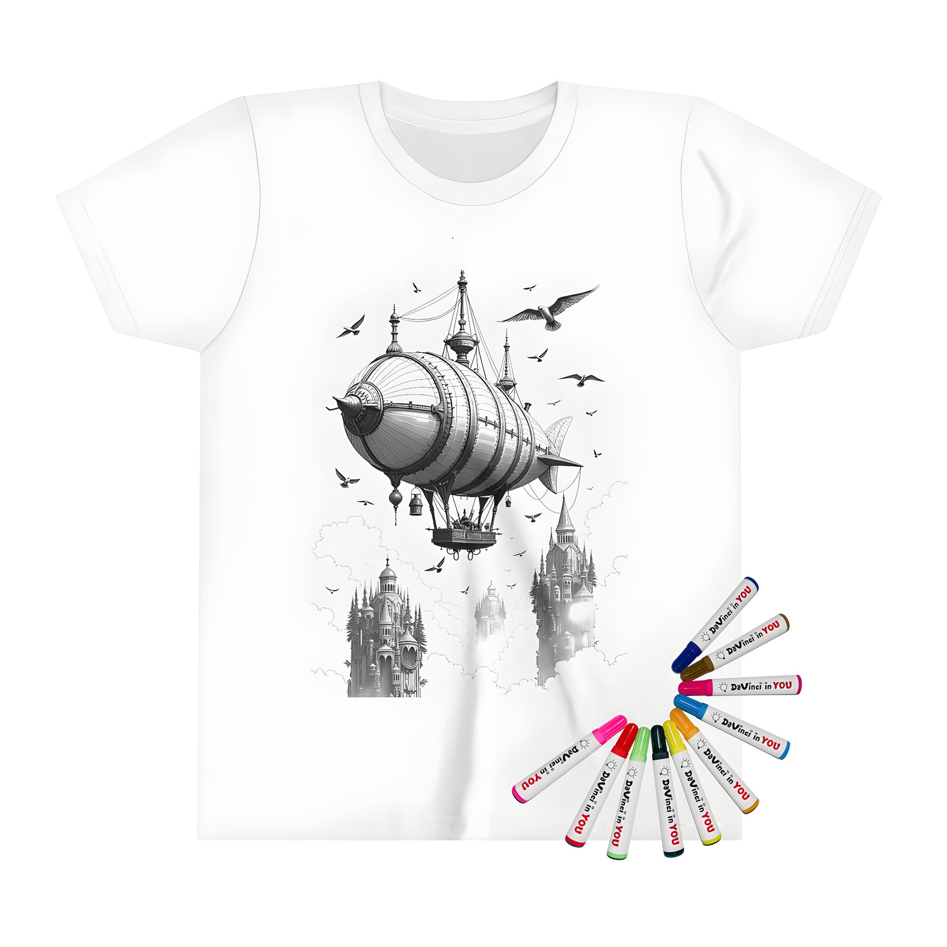 Kid's fantasy castle t-shirt with colorful markers and art supplies