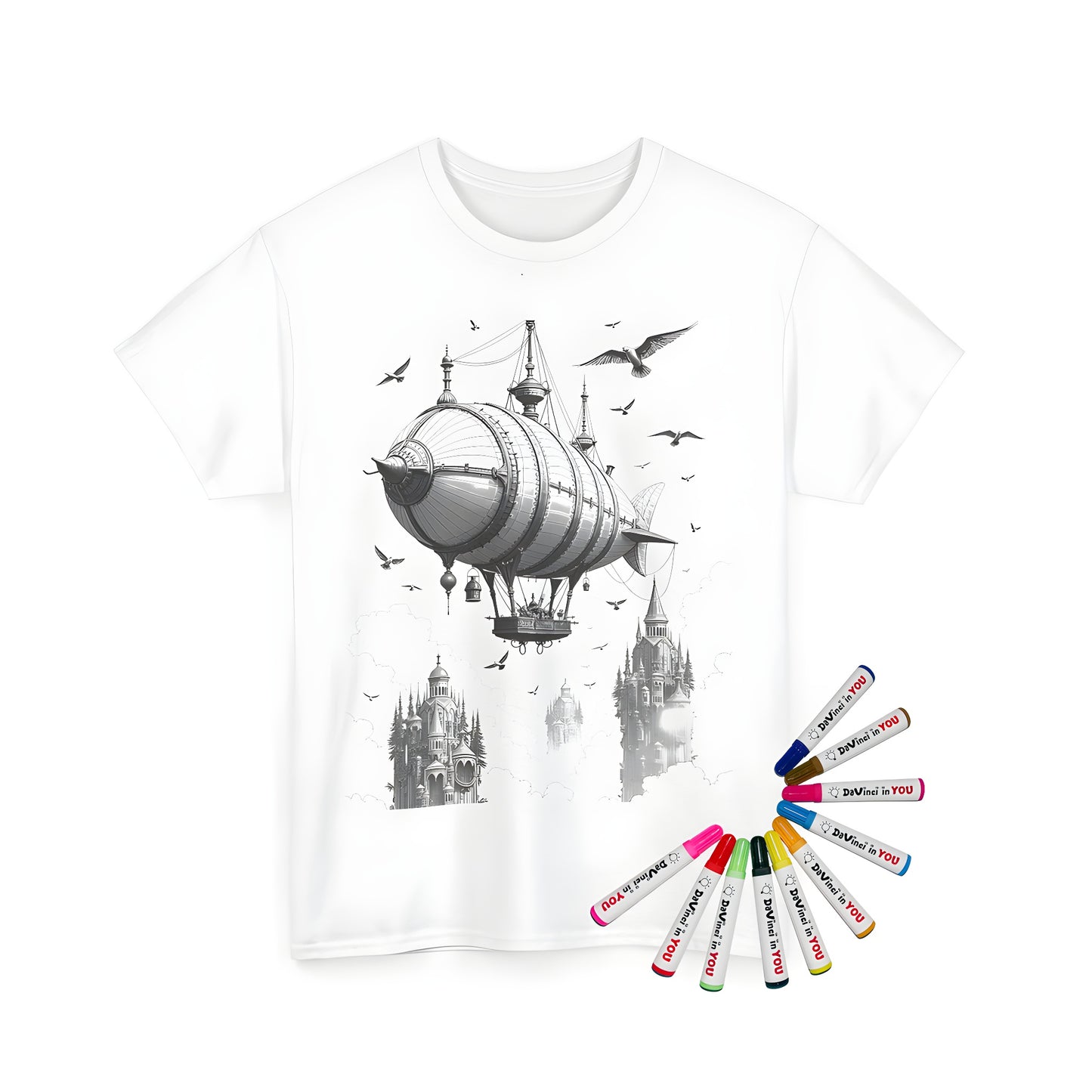 Unisex t-shirt featuring an airship soaring above towers amidst a cloudy sky with intricate architecture and flying birds for adventure and wonder