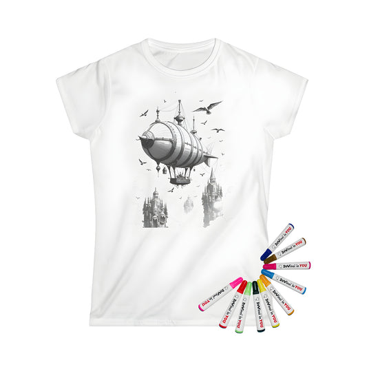 Women's Fantasy Castle T-Shirt with Airship Design, featuring elaborate architecture, flying birds, and a cloudy sky