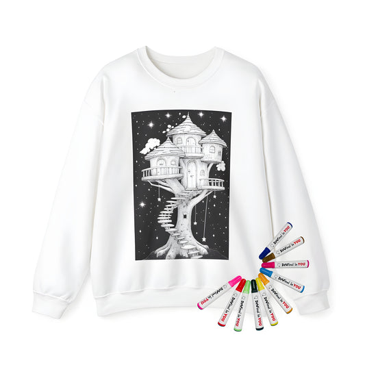 Adult Sweatshirt featuring a Whimsical treehouse village scene with intricate designs and fantasy elements on a starry night background, perfect for fans of magical atmospheres. Includes 10 fabric markers for coloring