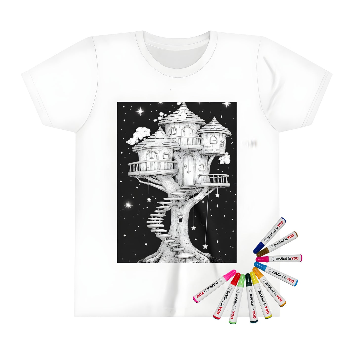 Kid's t-shirt with whimsical treehouse design featuring starry night sky and intricate fantasy elements