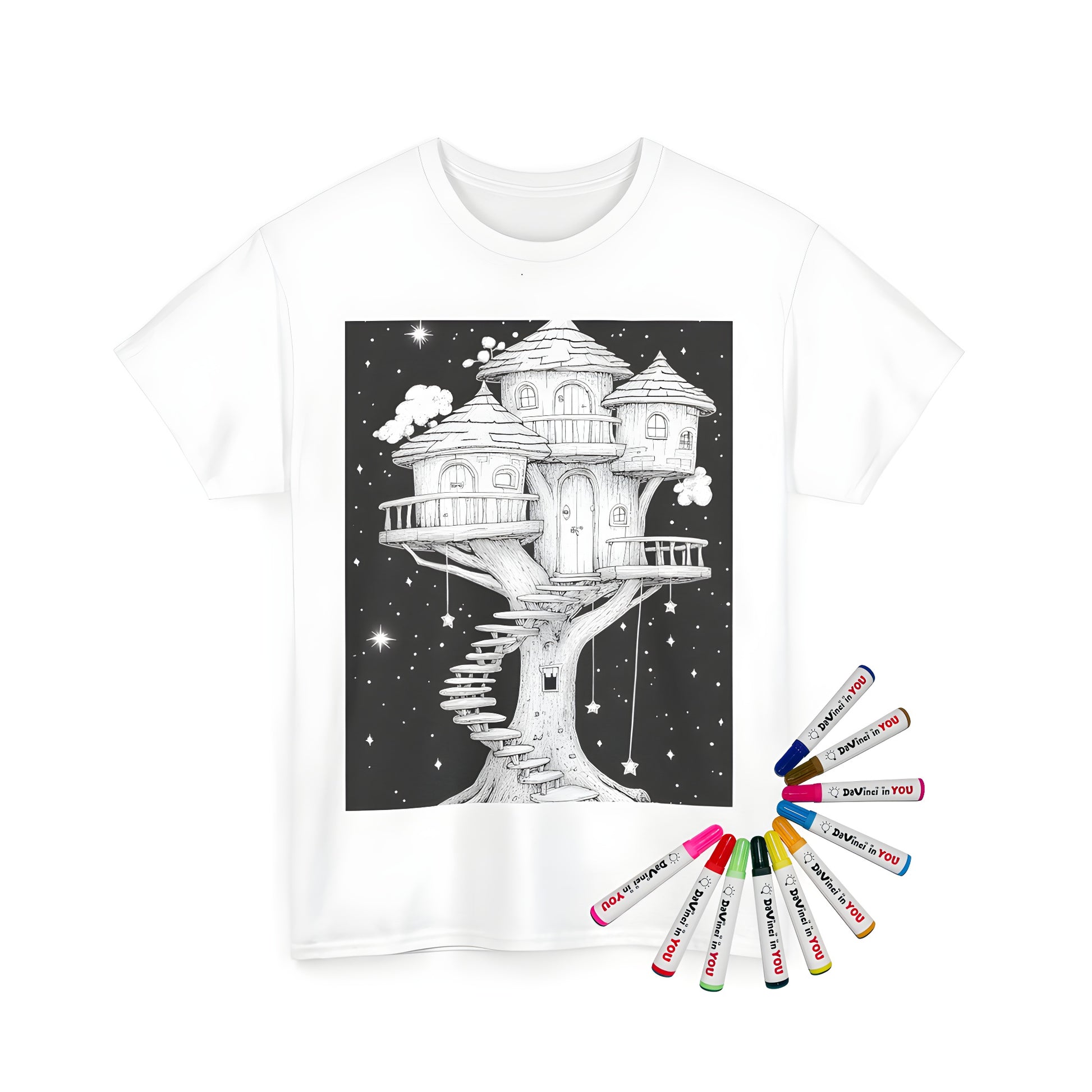 A vibrant, whimsical unisex t-shirt featuring an intricate treehouse design set against a starry night sky, complete with fantasy elements and magical details. Perfect for fans of adventure, nature, and artistic expression.