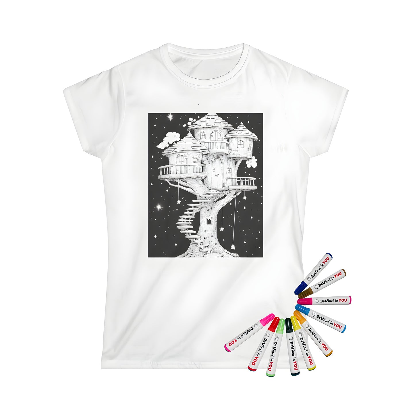 Coloring kit for women featuring whimsical treehouse designs, complete with intricate details and fantasy elements set in a starry night sky, printed on a high-quality Women's T-shirt.