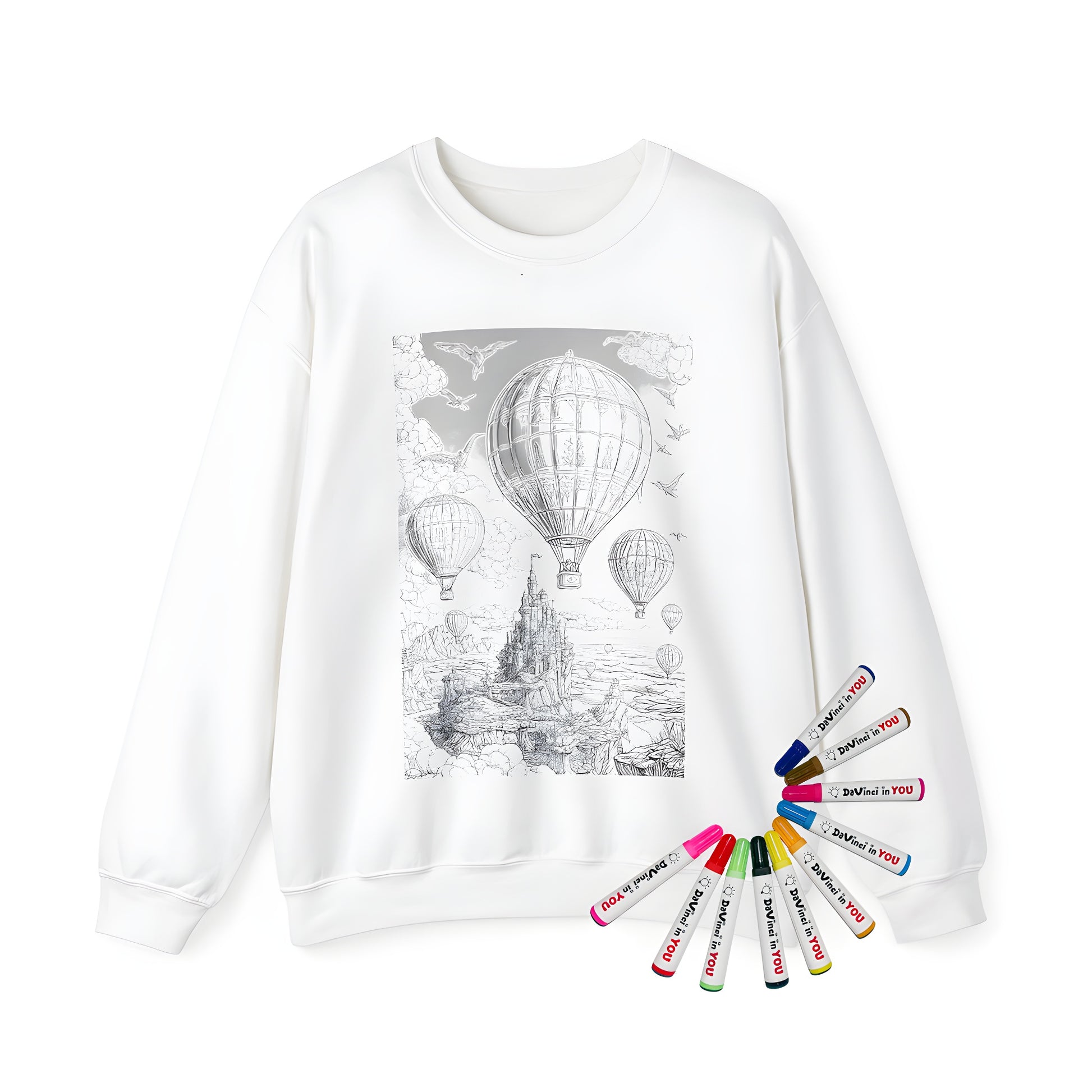 Adult sweatshirt with vibrant hot air balloon adventure design