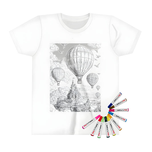 Hot air balloon adventure themed kid's t-shirt for coloring and fun