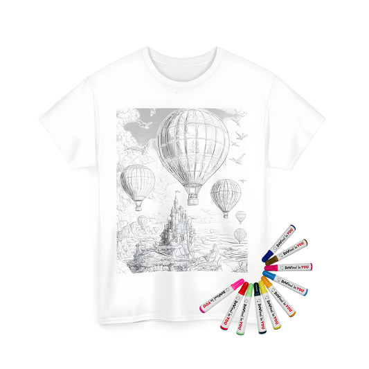 Unisex t-shirt featuring colorful hot air balloon adventure scene with castle, birds and cloud-filled sky