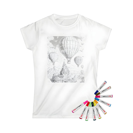 Women's t-shirt featuring a colorful hot air balloon scene with a castle on a cliff