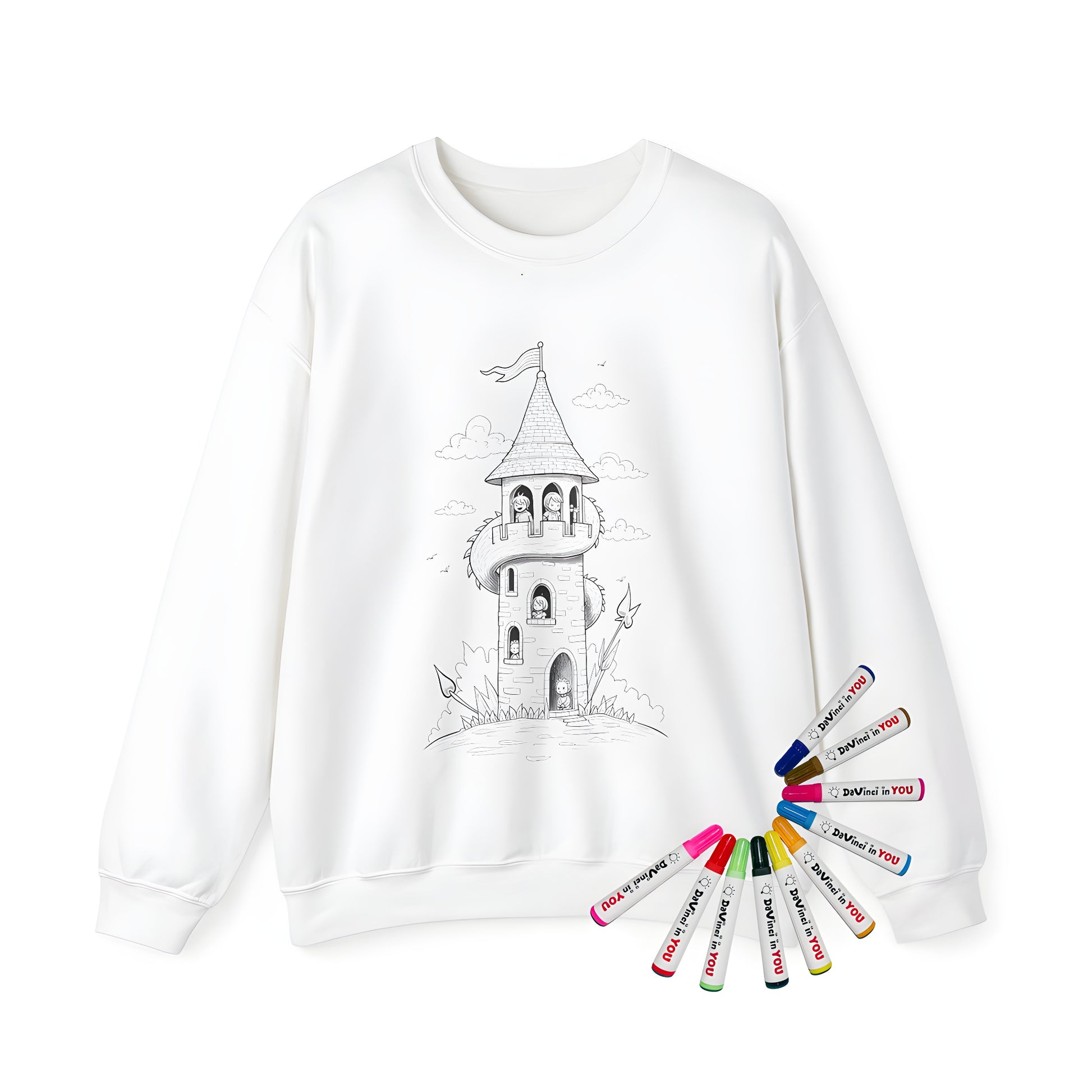 Adult sweatshirt featuring whimsical scene of children and dragon outside stone tower