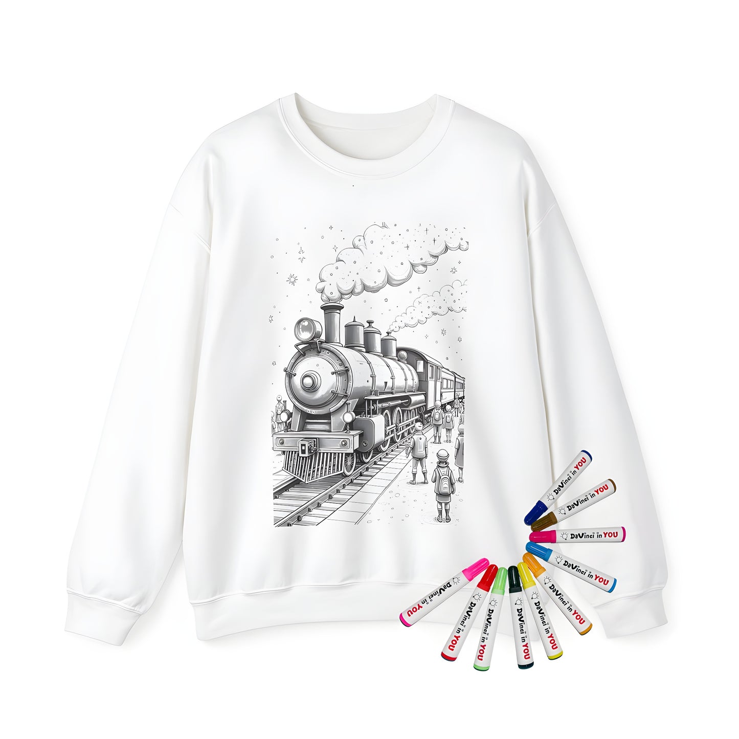 Adult sweatshirt featuring a vintage locomotive illustration with detailed smoke and passengers at a station. Perfect for train enthusiasts and coloring page fans.