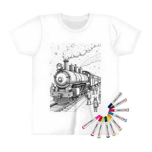 Colorful kid's t-shirt featuring an old-fashioned locomotive illustration with steam engine details and joyful people at a station