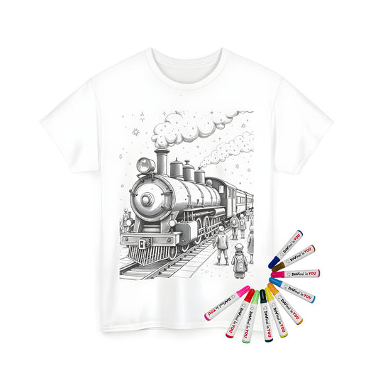 Ladies and gentlemen train passengers, vibrant steam locomotive illustration on a high-quality unisex t-shirt for adult coloring