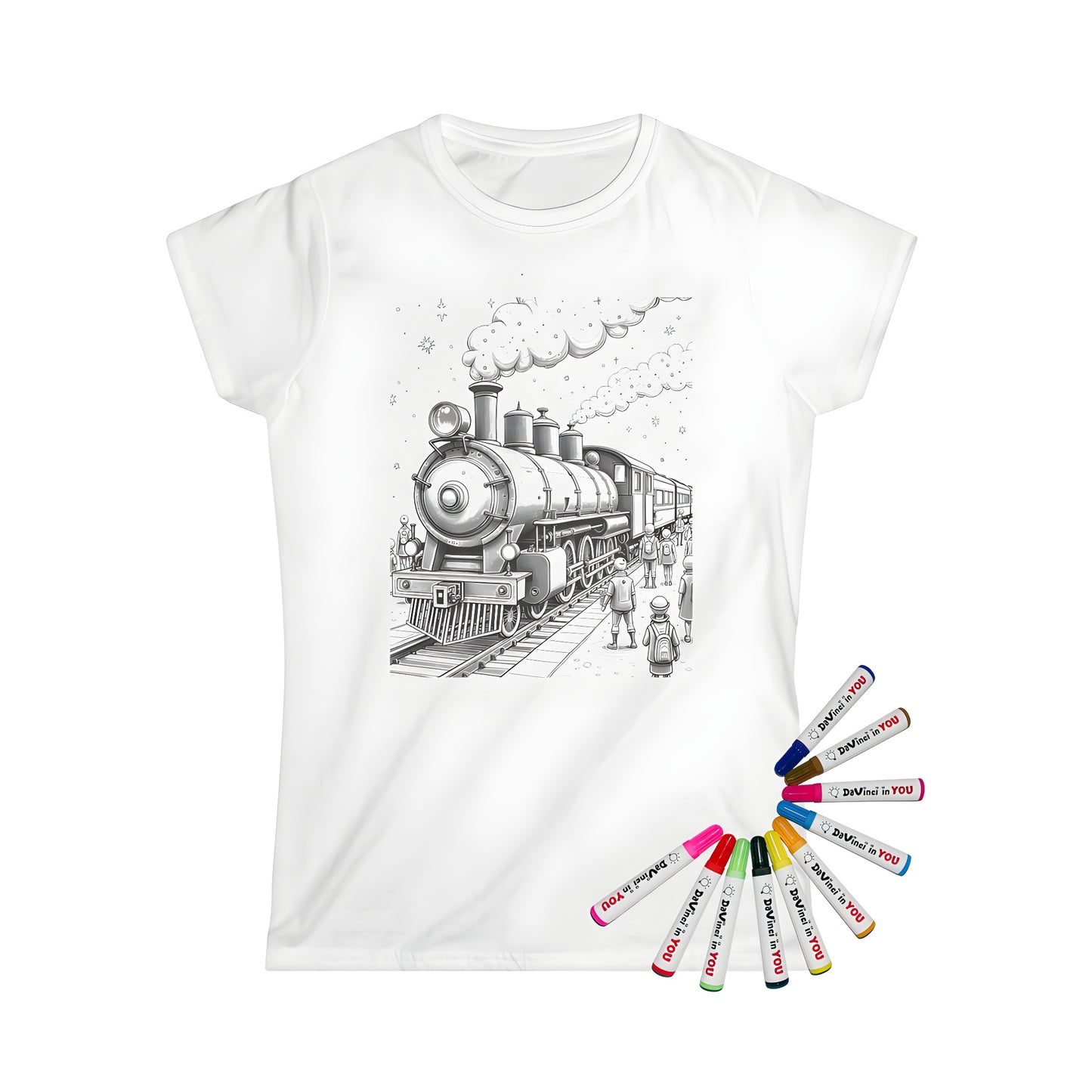 Vintage locomotive illustration on women's t-shirt for coloring, steam engine, old train