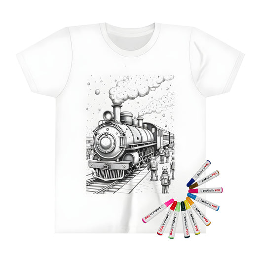 Kid's T-shirt featuring a vibrant, vintage steam train design with snowy scenery and people, ideal for kids who love coloring and trains