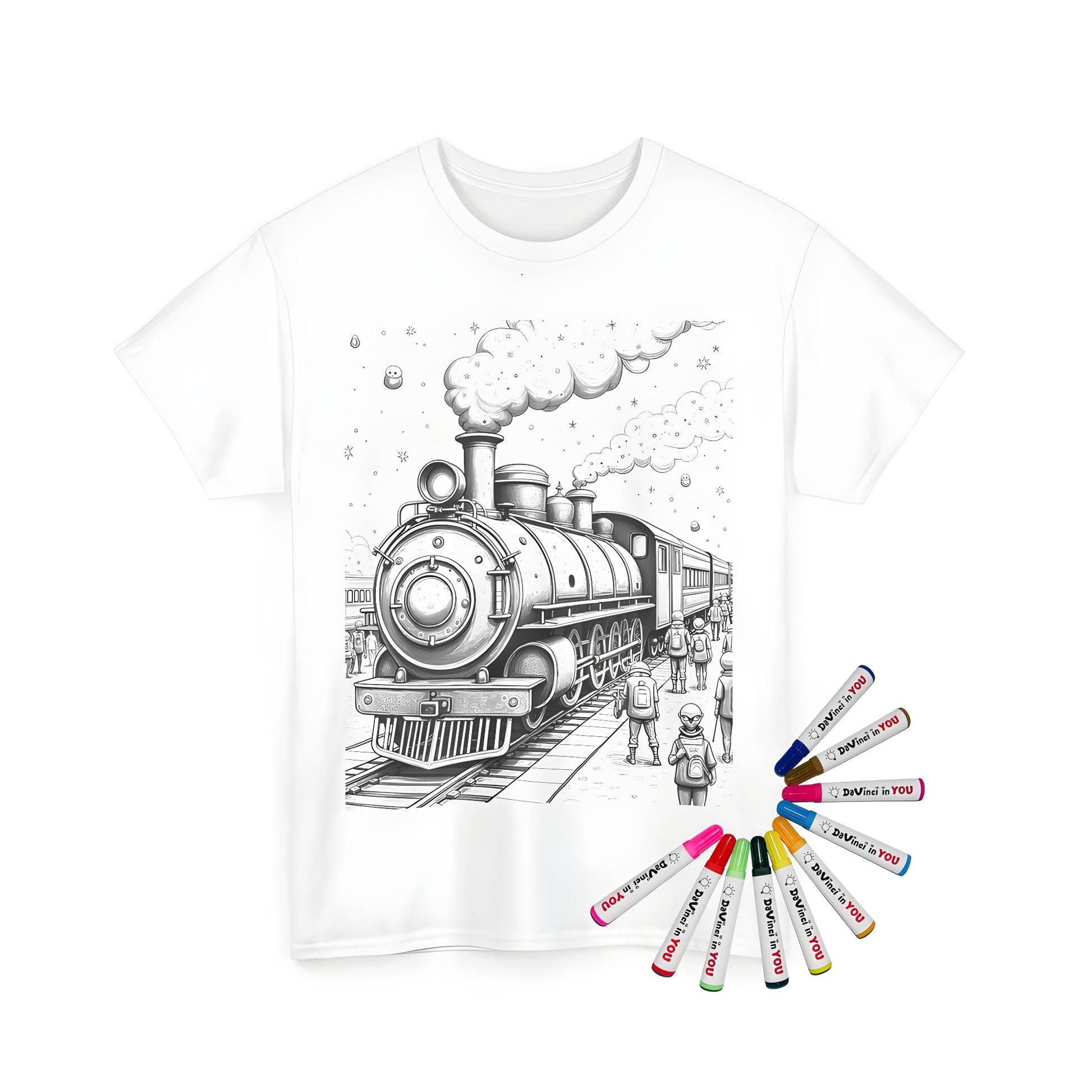 Vintage train coloring page on unisex t-shirt