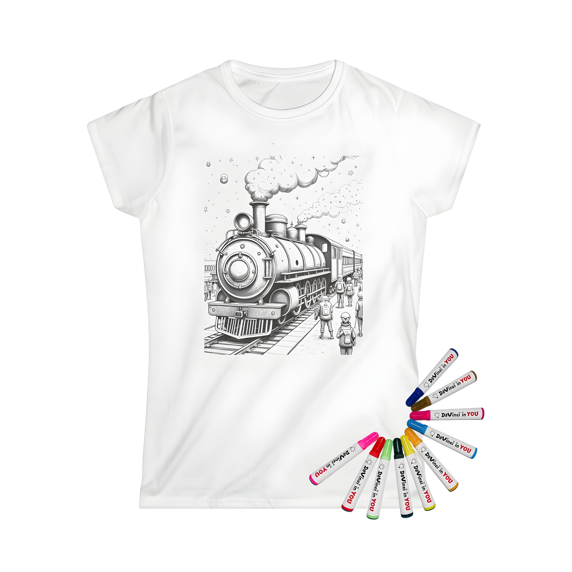 Women's T-shirt with vintage train and festive snowy scene design