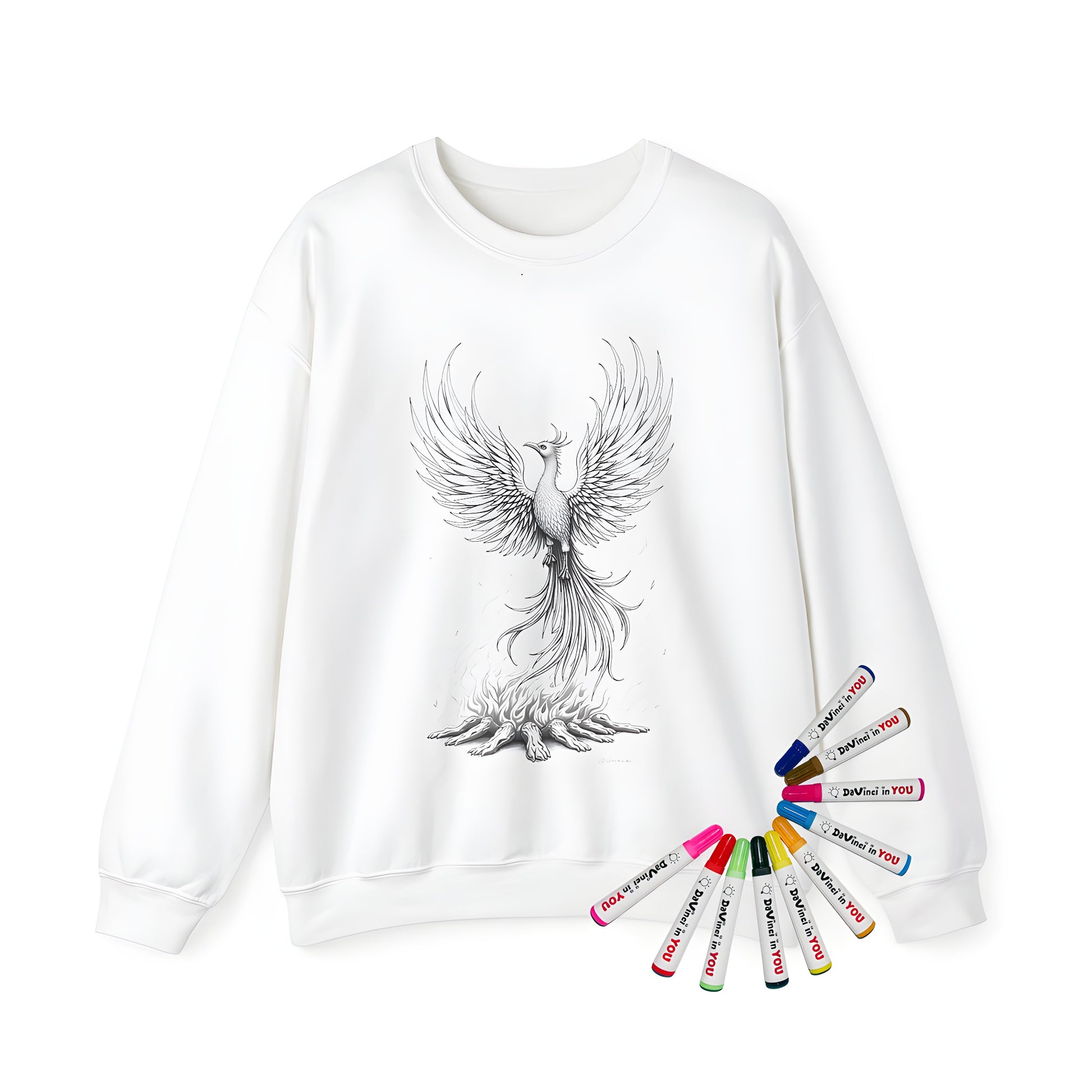 Adult sweatshirt featuring an vibrant phoenix design with widespread wings rising from ashes, perfect for rebirth and renewal enthusiasts