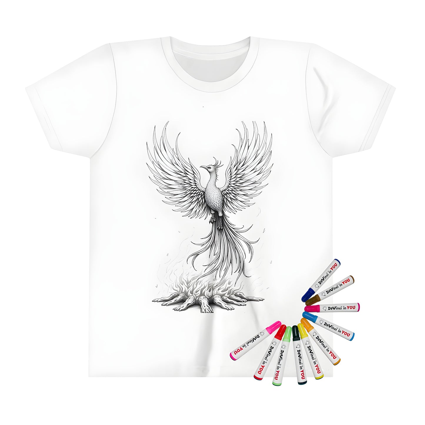 Kid's T-shirt with majestic phoenix design, featuring widespread wings rising from fiery ashes.