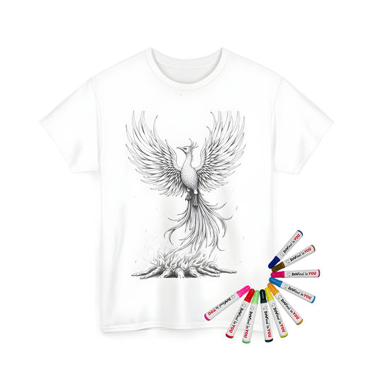 Unisex t-shirt featuring a majestic phoenix with widespread wings rising from fiery ashes, embodying rebirth and renewal